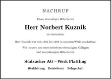 Traueranzeige Norbert Kuznik