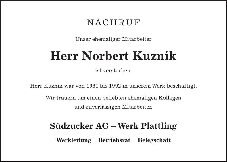 Traueranzeige Norbert Kuznik