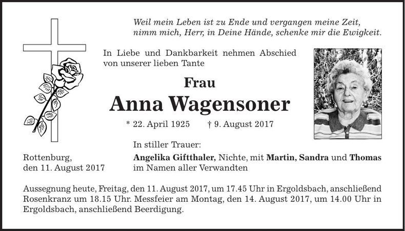 Traueranzeige Anna Wagensoner