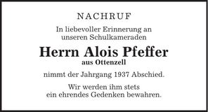 Traueranzeige Alois Pfeffer