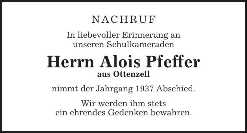 Traueranzeige Alois Pfeffer