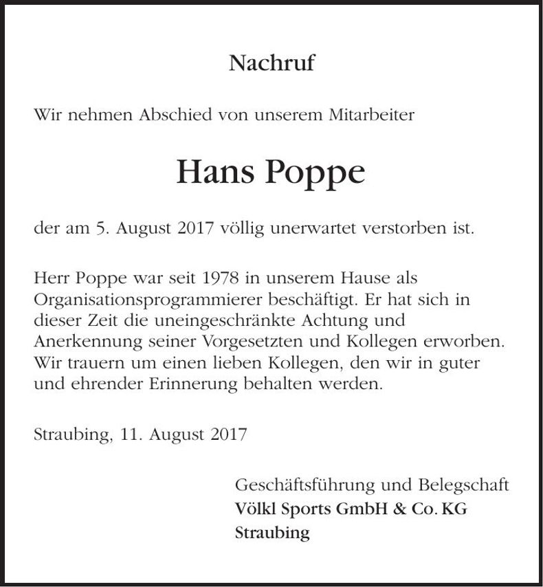 Traueranzeige Völkl Poppe