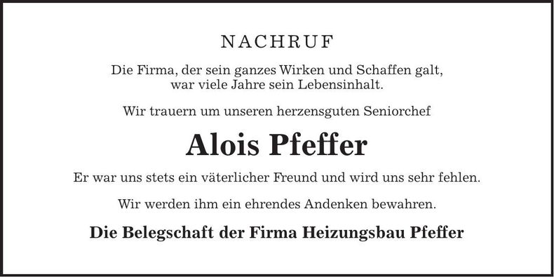 Traueranzeige Alois Pfeffer