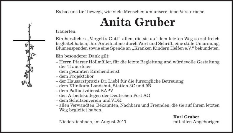Traueranzeige Anita Gruber