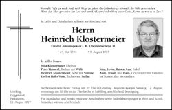 Traueranzeige Heinrich Klostermeier