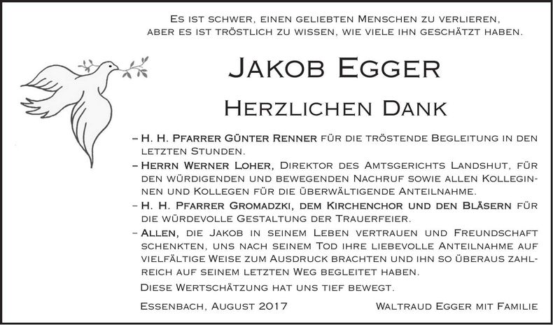 Traueranzeige Jakob Egger