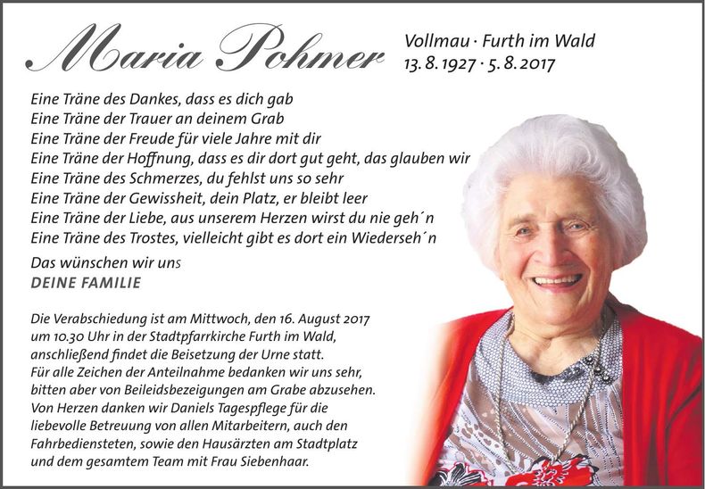 Traueranzeige Maria Pohmer