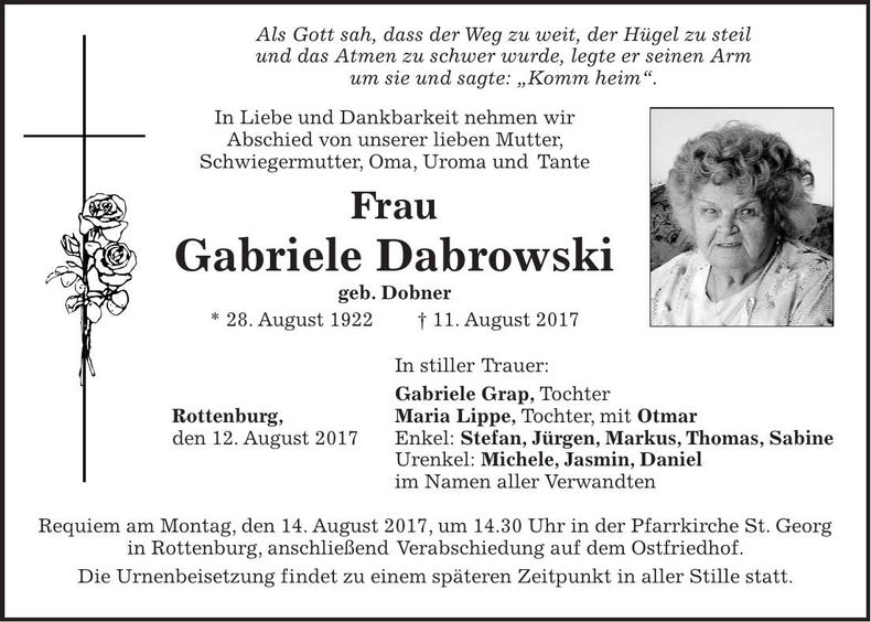 Traueranzeige Gabriele Dabrowski