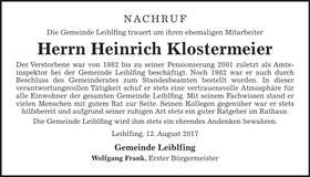 Traueranzeige Heinrich Klostermeier