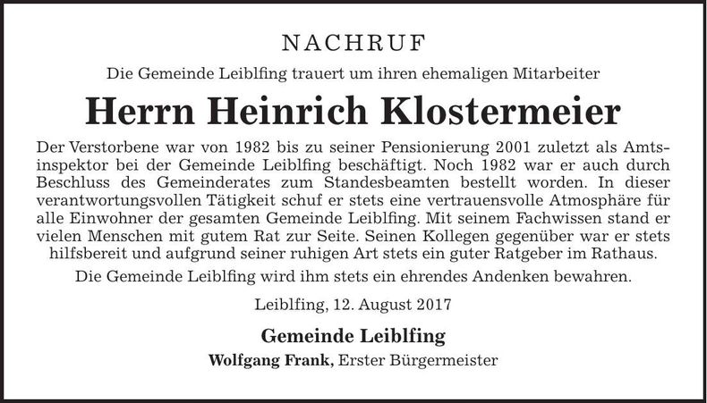 Traueranzeige Heinrich Klostermeier