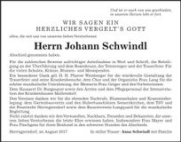 Traueranzeige Johann Schwindl