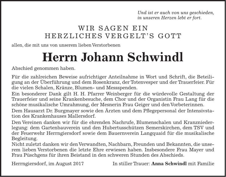 Traueranzeige Johann Schwindl