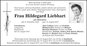 Traueranzeige Hildegard Liebhart