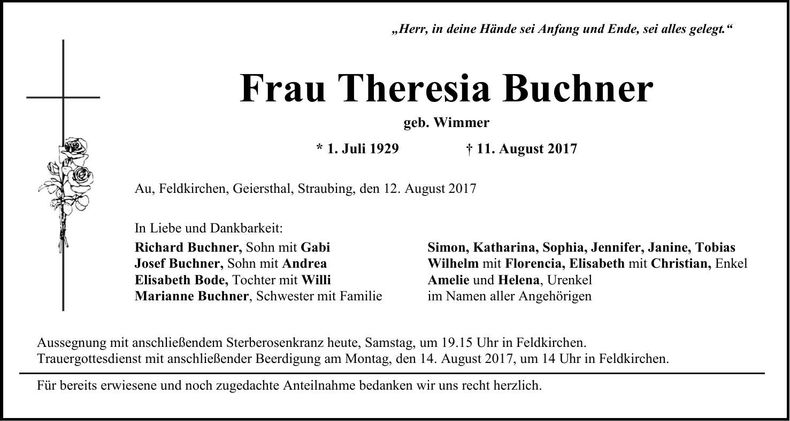 Traueranzeige Theresia Buchner