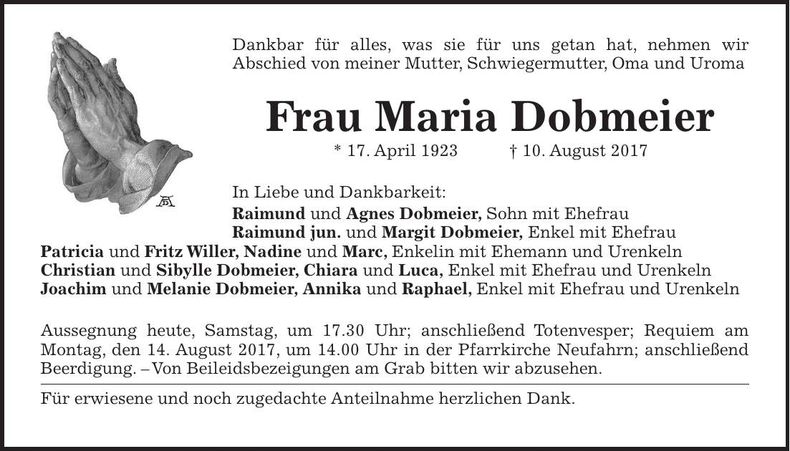 Traueranzeige Maria Dobmeier