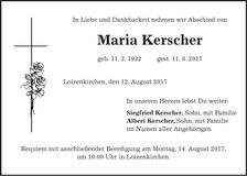 Traueranzeige Maria Kerscher