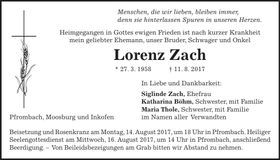Traueranzeige Lorenz Zach