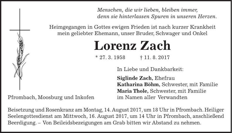 Traueranzeige Lorenz Zach