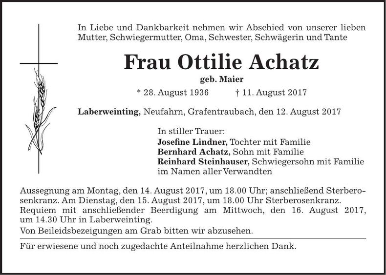 Traueranzeige Ottilie Achatz