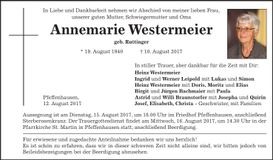 Traueranzeige Annemarie Westermeier