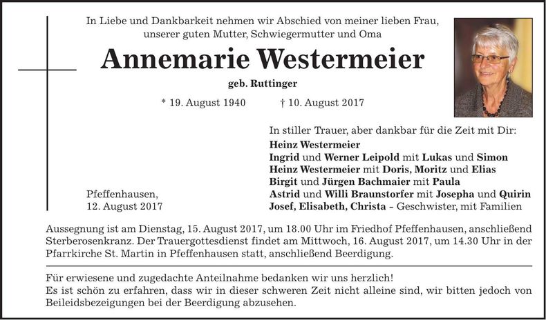 Traueranzeige Annemarie Westermeier