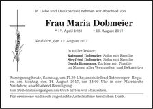 Traueranzeige Maria Dobmeier