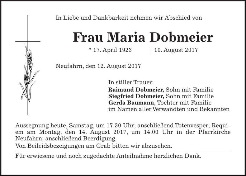 Traueranzeige Maria Dobmeier