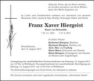 Traueranzeige Franz Xaver Hiergeist