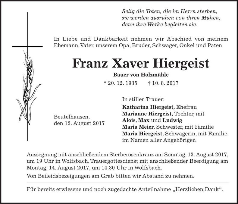 Traueranzeige Franz Xaver Hiergeist