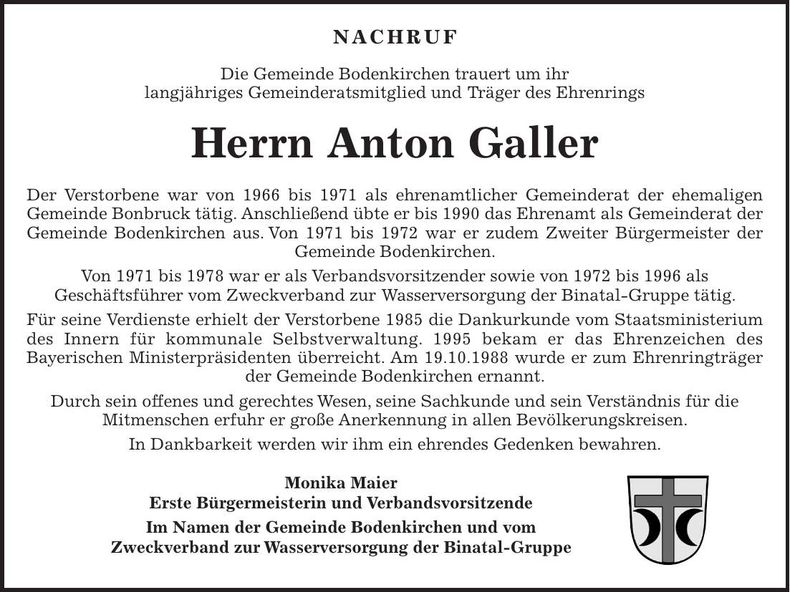 Traueranzeige Anton Galler