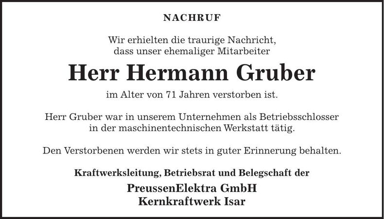 Traueranzeige Hermann Gruber