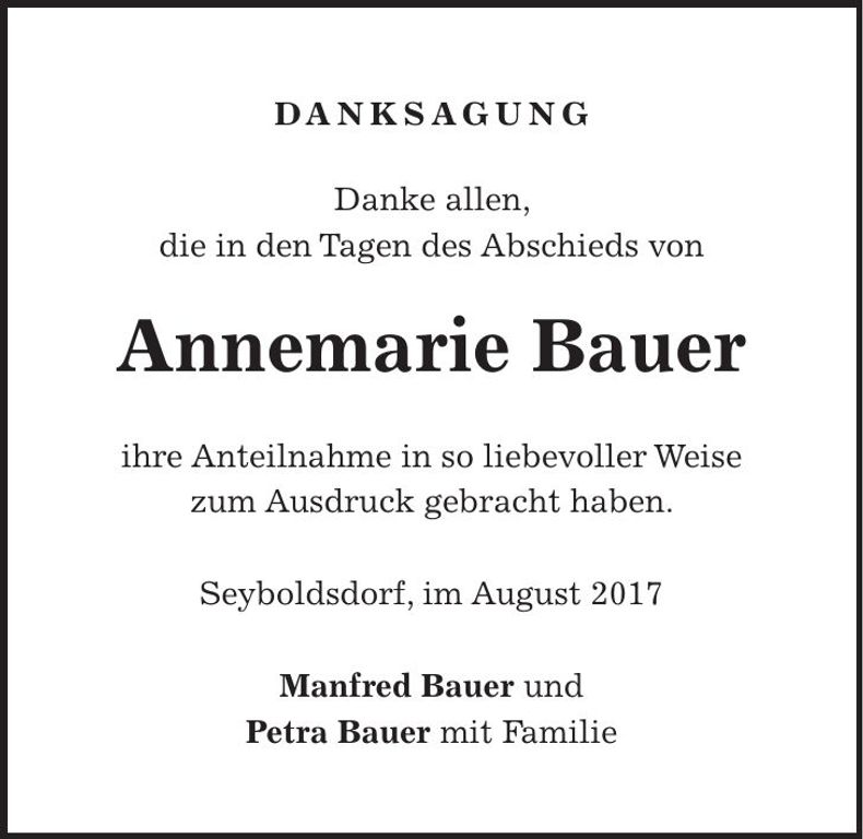 Traueranzeige Annemarie Bauer