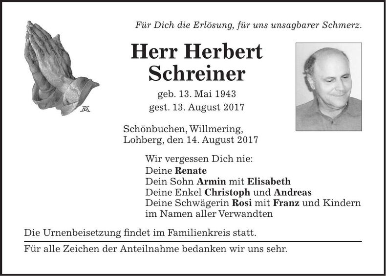 Traueranzeige Herbert Schreiner