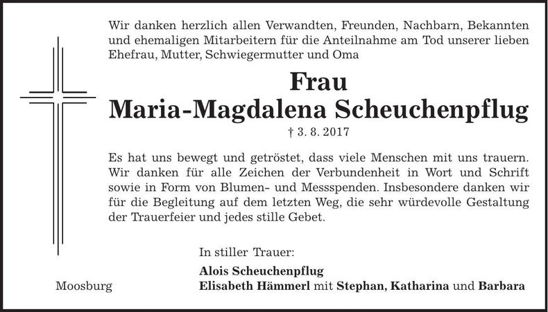 Traueranzeige Maria-Magdalena Scheuchenpflug