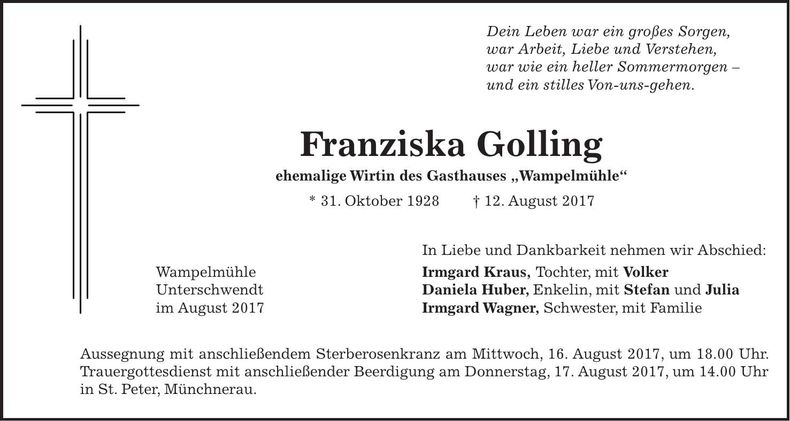 Traueranzeige Franziska Golling