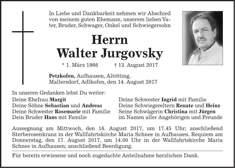 Traueranzeige Walter Jurgovsky