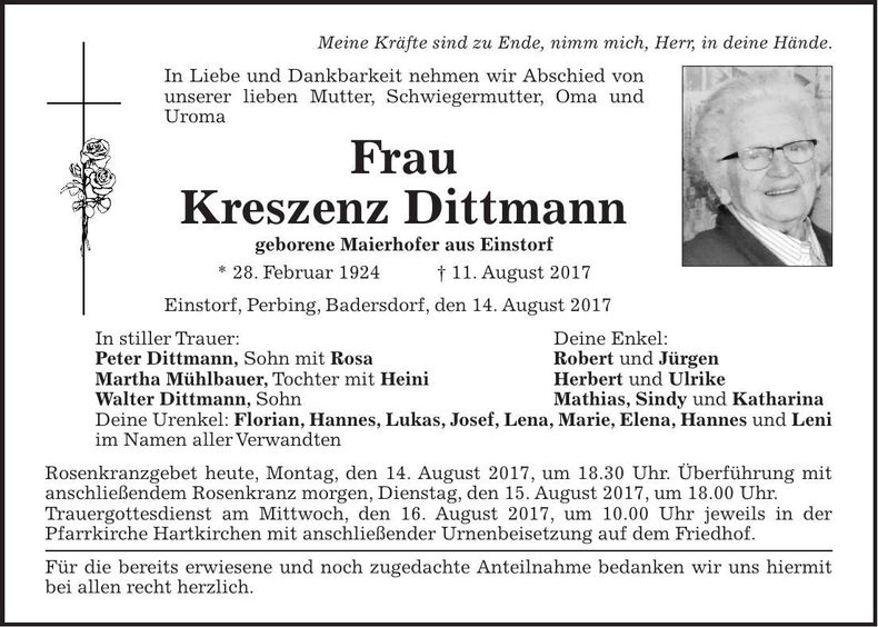 Traueranzeige Kreszenz Dittmann
