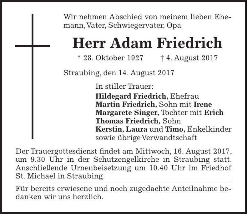 Traueranzeige Adam Friedrich