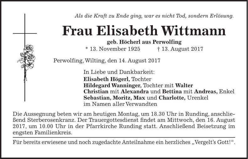 Traueranzeige Elisabeth Högerl