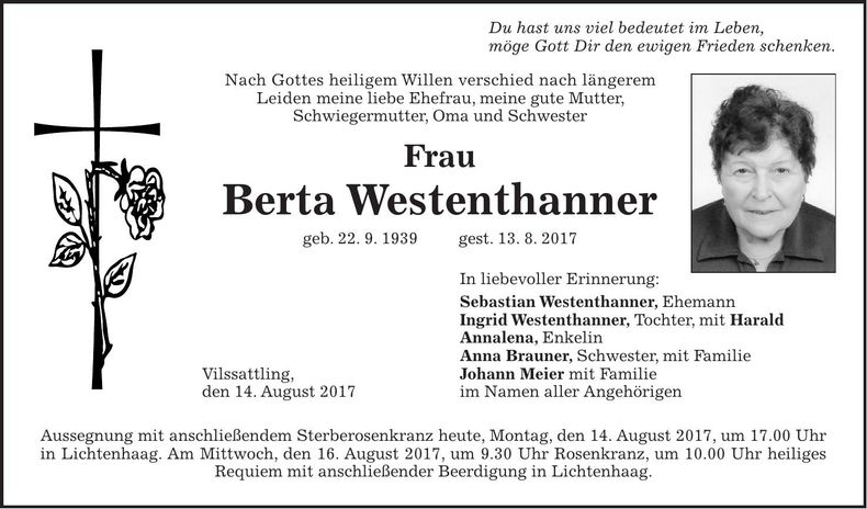 Traueranzeige Berta Westenthanner