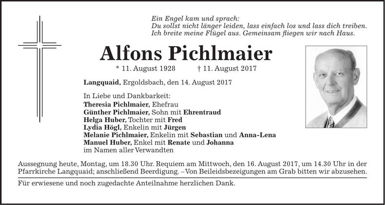 Traueranzeige Alfons Pichlmaier