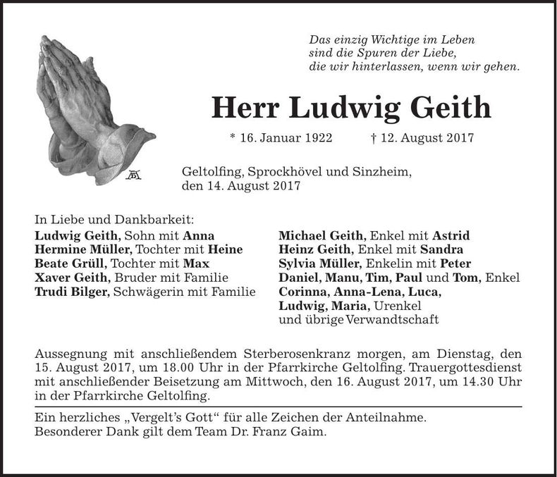 Traueranzeige Ludwig Geith