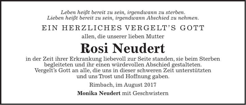 Traueranzeige Rosi Neudert