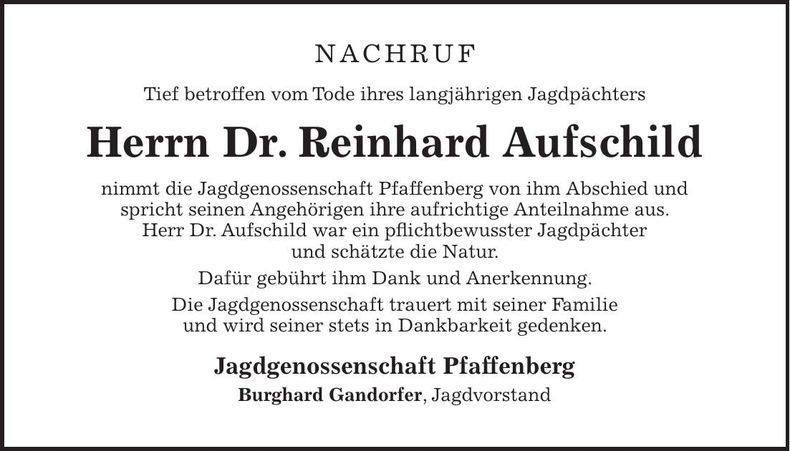 Traueranzeige Reinhard Aufschild