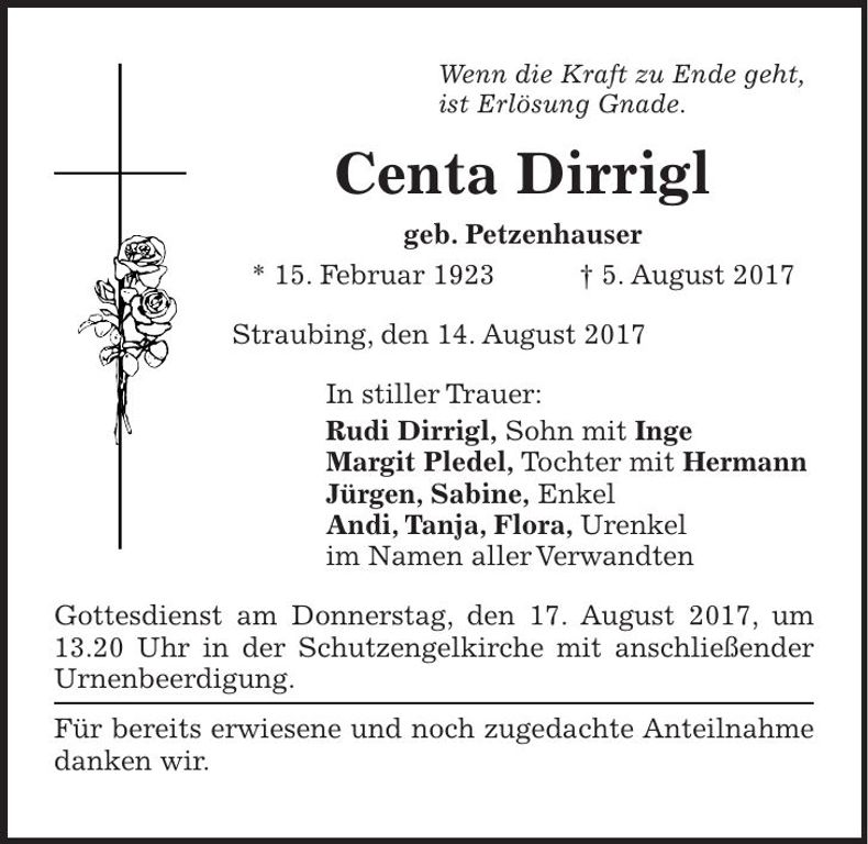 Traueranzeige Centa Dirrigl