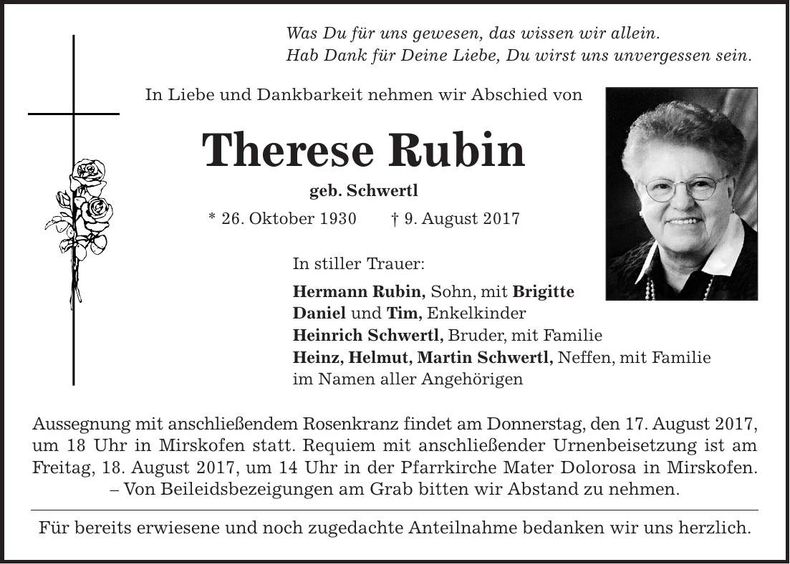 Traueranzeige Therese Rubin