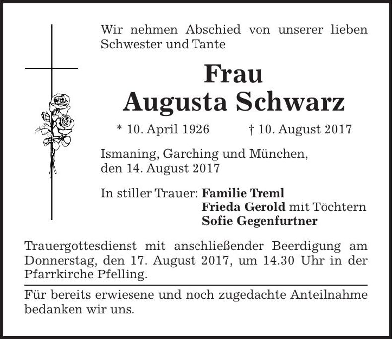 Traueranzeige Augusta Schwarz