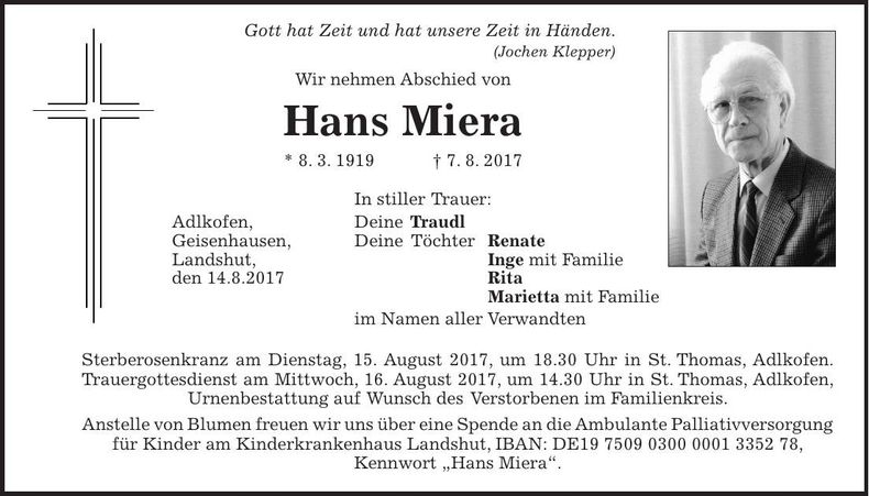 Traueranzeige Hans Miera