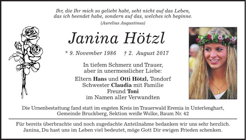 Traueranzeige Janina Hötzl