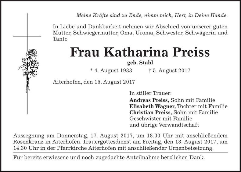 Traueranzeige Katharina Preiss